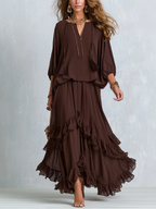 Brown Chiffon Tassel Drawstring V-neck Top Paired With A Ruffled Layered Skirt Set