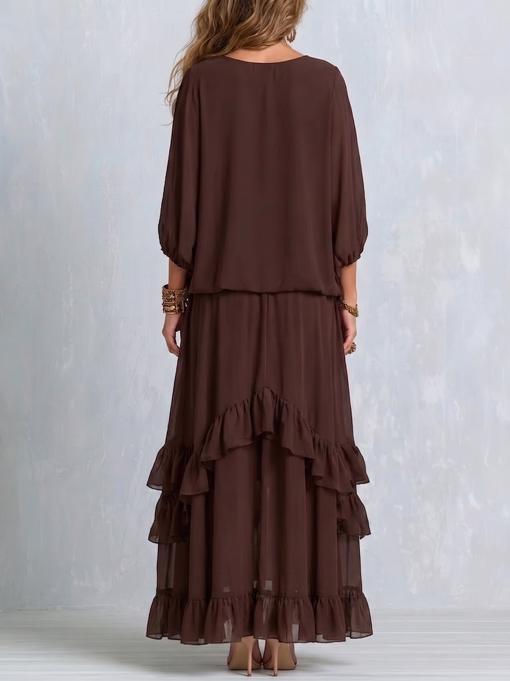 Brown Chiffon Tassel Drawstring V-neck Top Paired With A Ruffled Layered Skirt Set