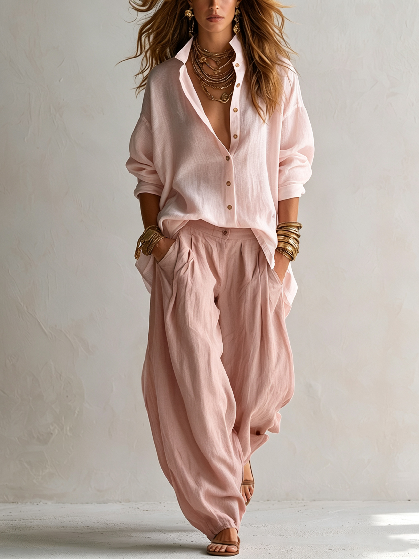 Pink Loose Shirt And Wide-leg Lantern Pants Set