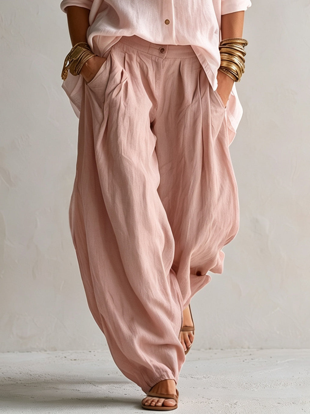 Pink Loose Shirt And Wide-leg Lantern Pants Set