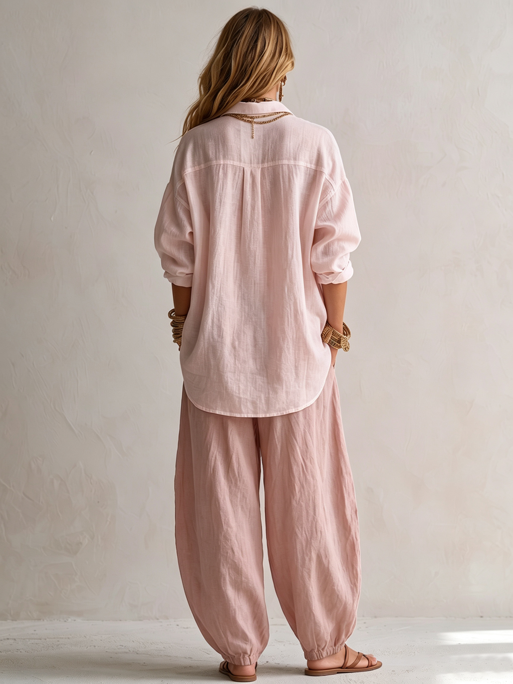 Pink Loose Shirt And Wide-leg Lantern Pants Set