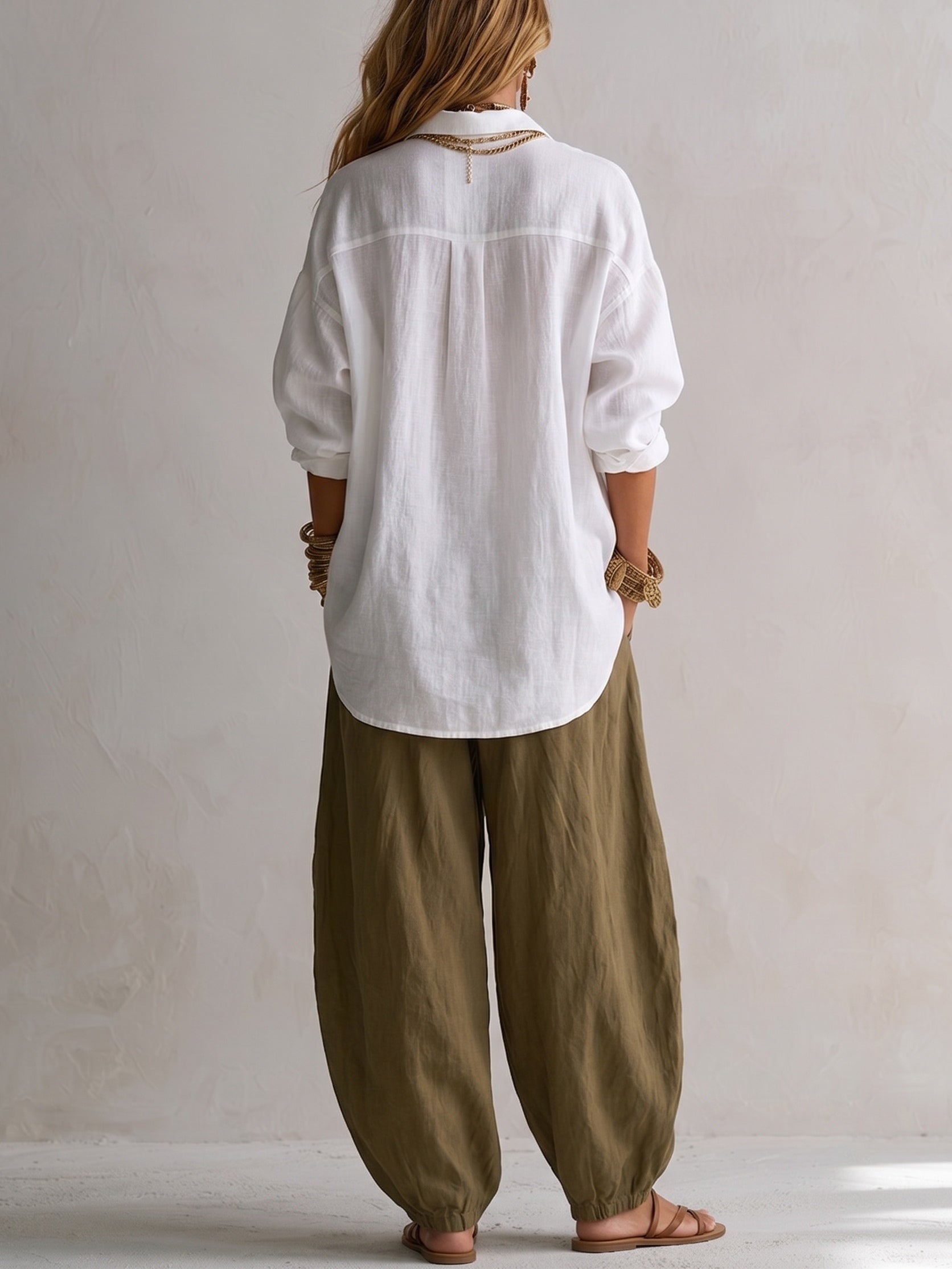 White Loose Shirt And Green Wide-leg Lantern Pants Suit
