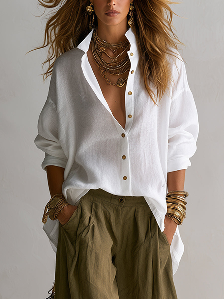 White Loose Shirt And Green Wide-leg Lantern Pants Suit