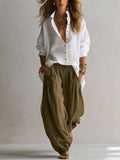 White Loose Shirt And Green Wide-leg Lantern Pants Suit
