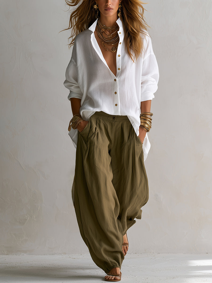 White Loose Shirt And Green Wide-leg Lantern Pants Suit