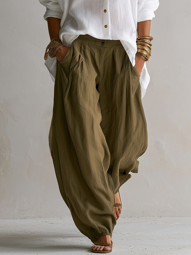 White Loose Shirt And Green Wide-leg Lantern Pants Suit