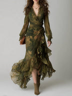 Green Floral Print Irregular Layered Ruffle Chiffon Maxi Dress