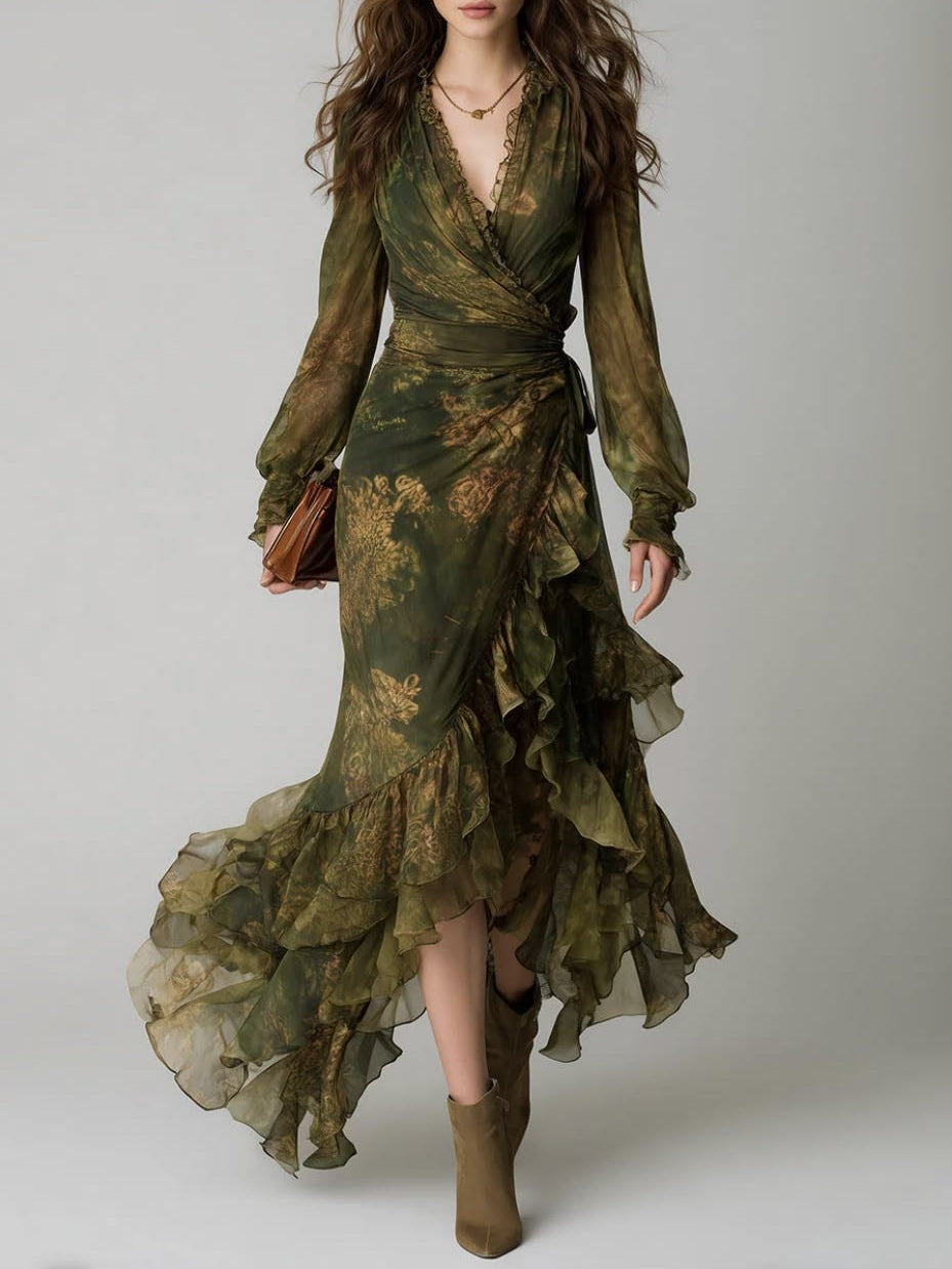 Green Floral Print Irregular Layered Ruffle Chiffon Maxi Dress