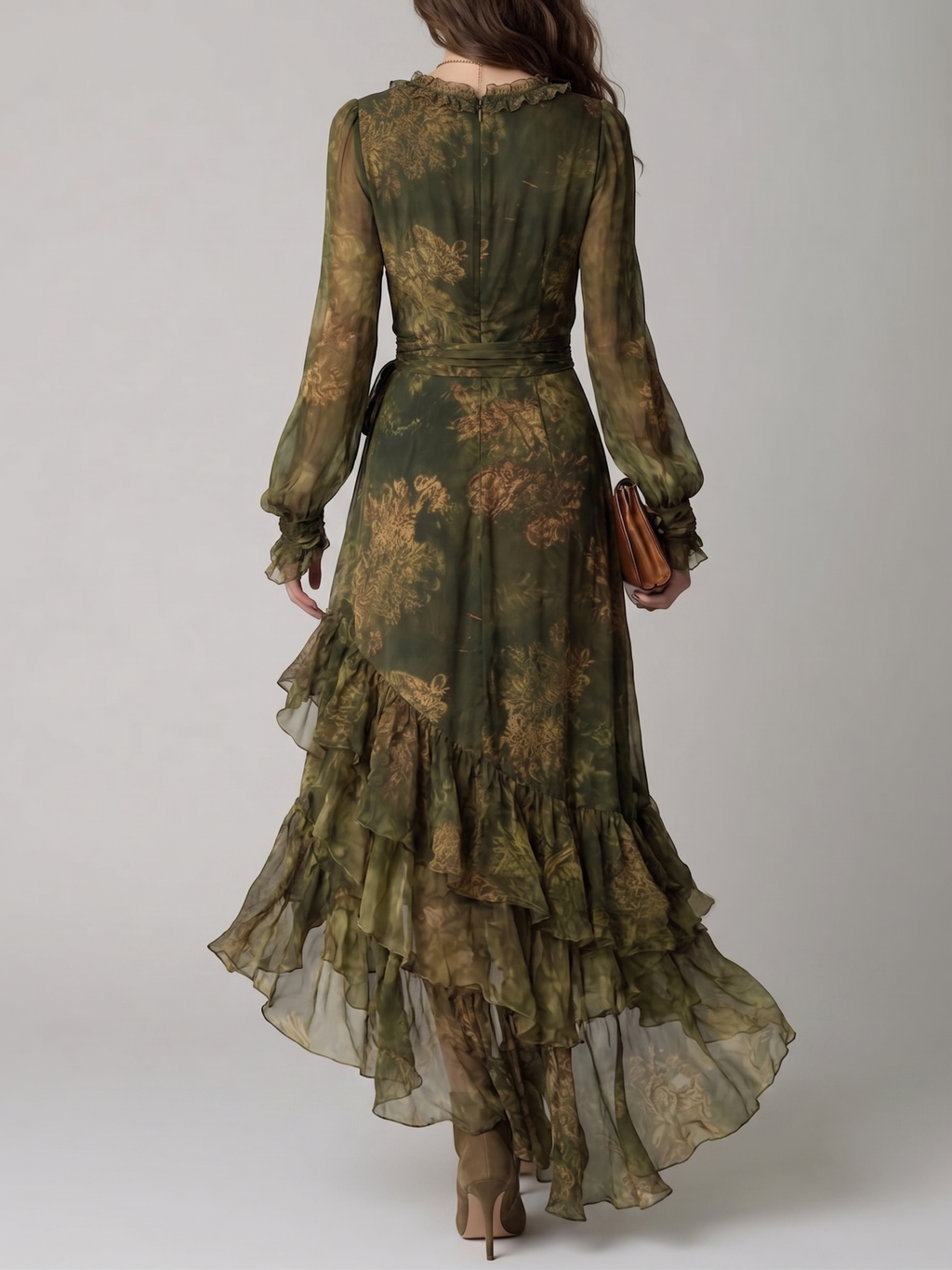 Green Floral Print Irregular Layered Ruffle Chiffon Maxi Dress