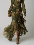 Green Floral Print Irregular Layered Ruffle Chiffon Maxi Dress