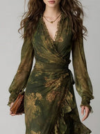 Green Floral Print Irregular Layered Ruffle Chiffon Maxi Dress