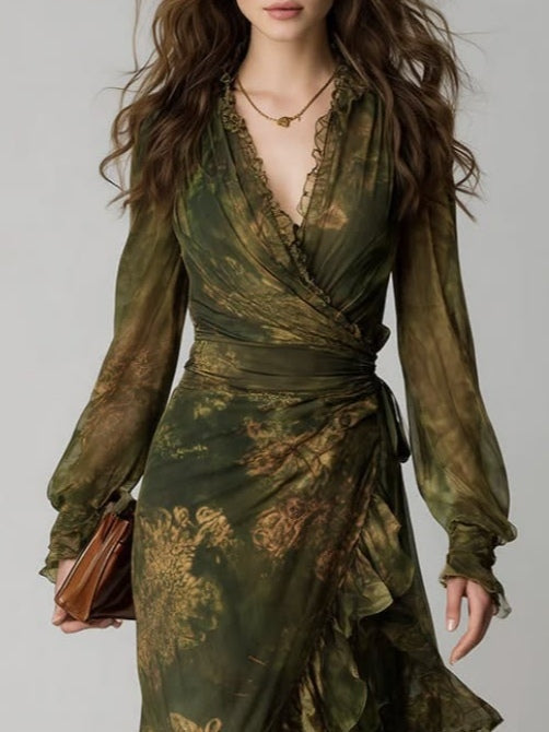 Green Floral Print Irregular Layered Ruffle Chiffon Maxi Dress