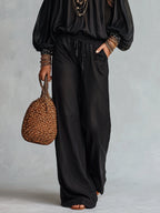 Black Off-the-shoulder Sequined Top Paired With Drawstring Wide-leg Pants Set