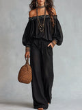 Black Off-the-shoulder Sequined Top Paired With Drawstring Wide-leg Pants Set