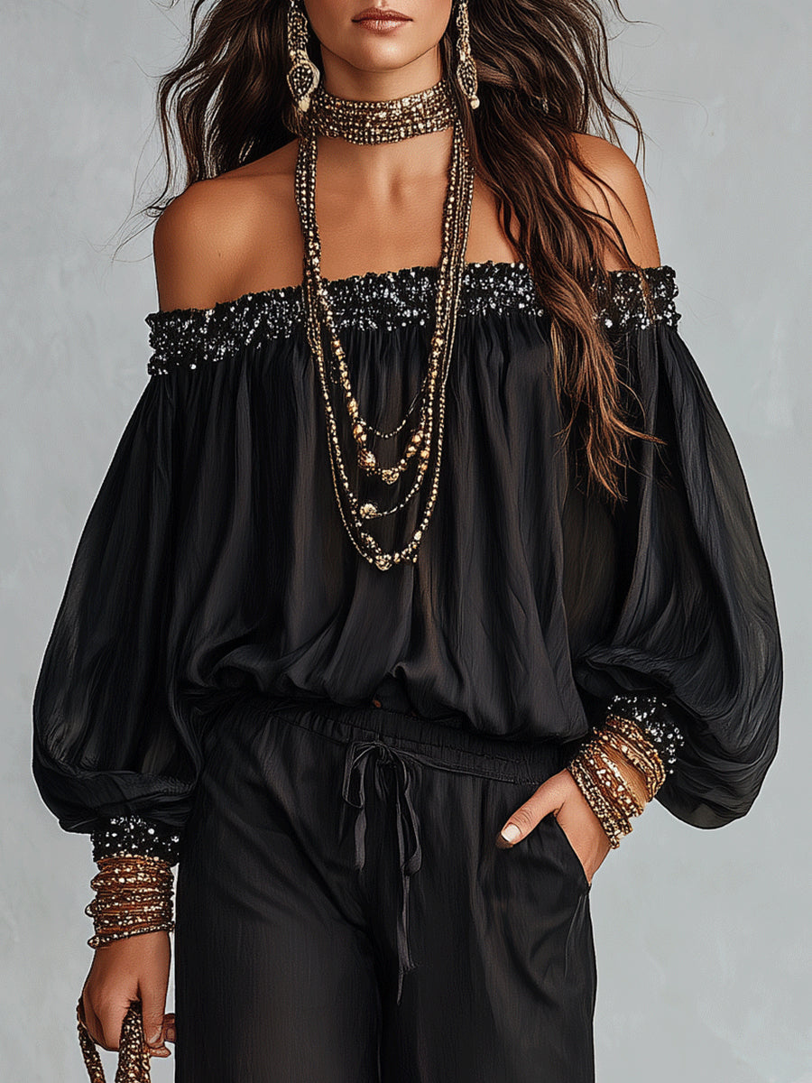 Black Off-the-shoulder Sequined Top Paired With Drawstring Wide-leg Pants Set