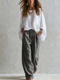 White Loose Top And Gray Elastic Waist Wide-leg Pants Suit