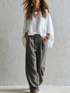 White Loose Top And Gray Elastic Waist Wide-leg Pants Suit