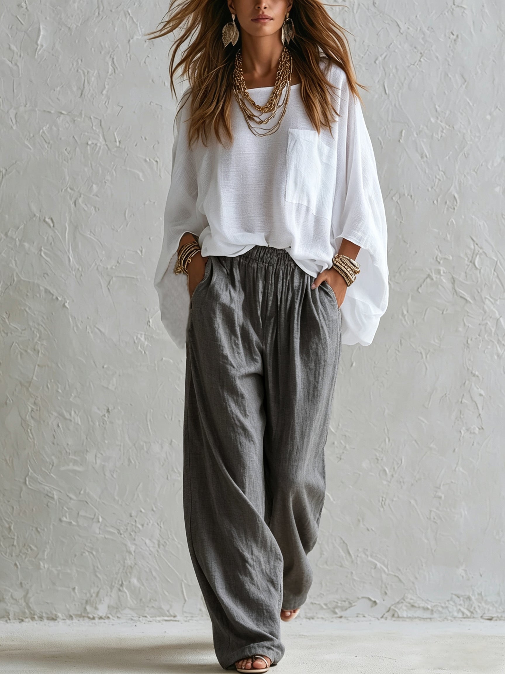 White Loose Top And Gray Elastic Waist Wide-leg Pants Suit
