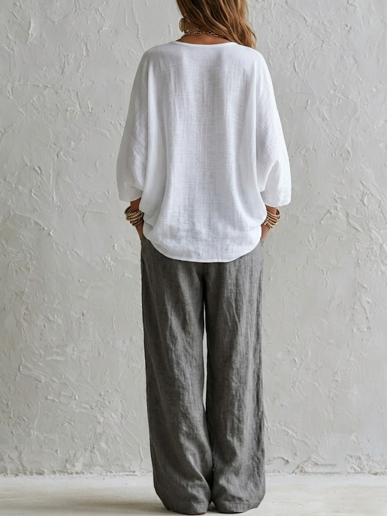White Loose Top And Gray Elastic Waist Wide-leg Pants Suit