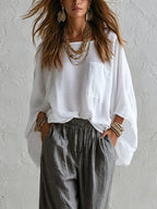 White Loose Top And Gray Elastic Waist Wide-leg Pants Suit