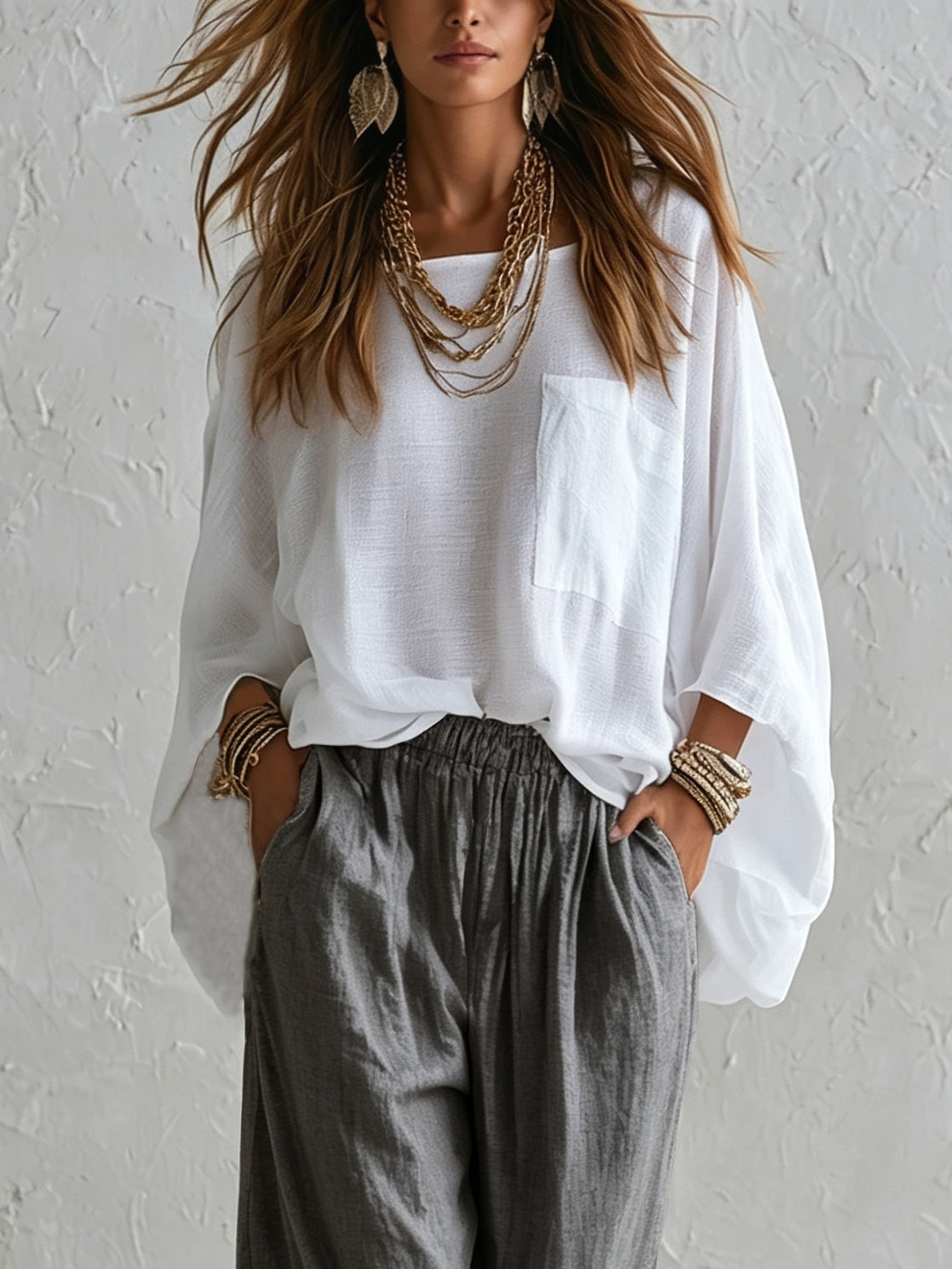 White Loose Top And Gray Elastic Waist Wide-leg Pants Suit