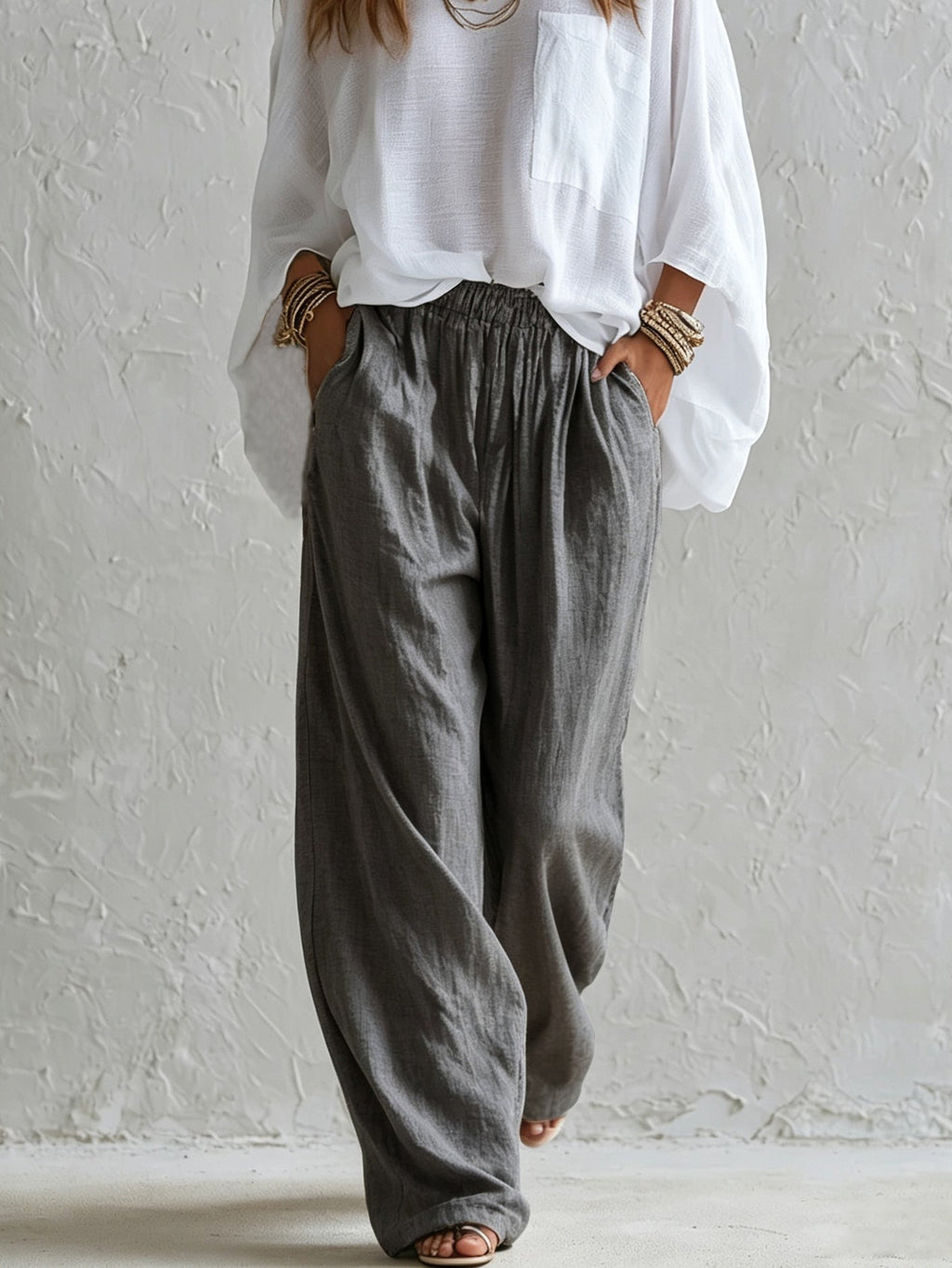 White Loose Top And Gray Elastic Waist Wide-leg Pants Suit