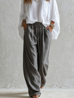 White Loose Top And Gray Elastic Waist Wide-leg Pants Suit