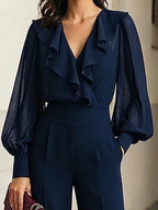 Navy Blue Ruffled Chiffon Top And Wide-leg Pants Two-piece Set