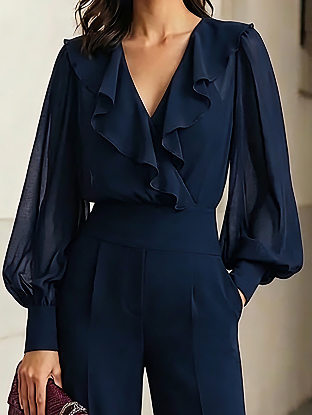Navy Blue Ruffled Chiffon Top And Wide-leg Pants Two-piece Set