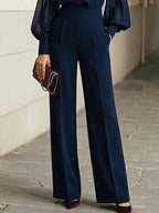 Navy Blue Ruffled Chiffon Top And Wide-leg Pants Two-piece Set