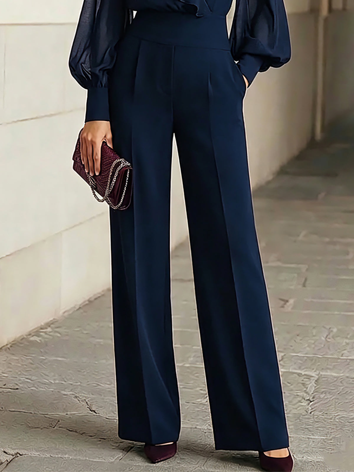Navy Blue Ruffled Chiffon Top And Wide-leg Pants Two-piece Set