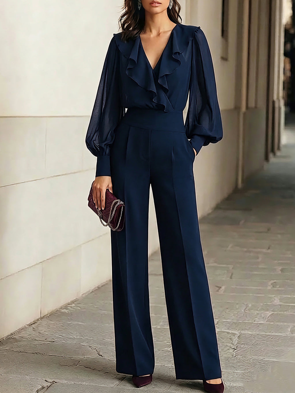 Navy Blue Ruffled Chiffon Top And Wide-leg Pants Two-piece Set