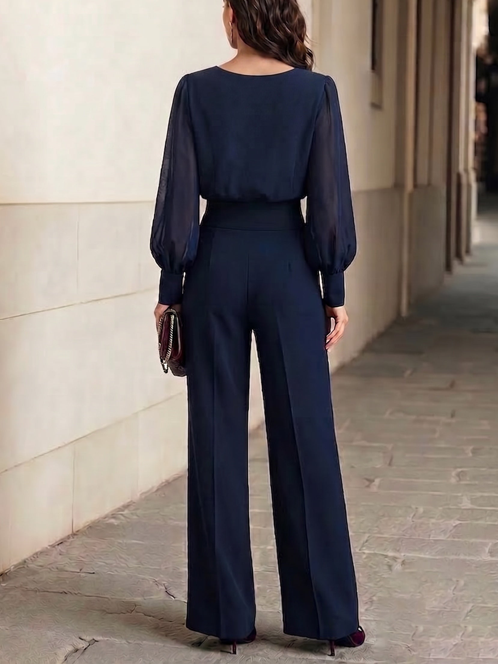 Navy Blue Ruffled Chiffon Top And Wide-leg Pants Two-piece Set