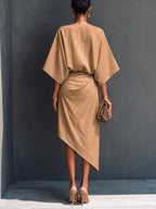 Khaki Draped Asymmetrical Short-sleeved Midi Dress
