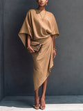 Khaki Draped Asymmetrical Short-sleeved Midi Dress