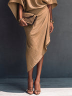 Khaki Draped Asymmetrical Short-sleeved Midi Dress