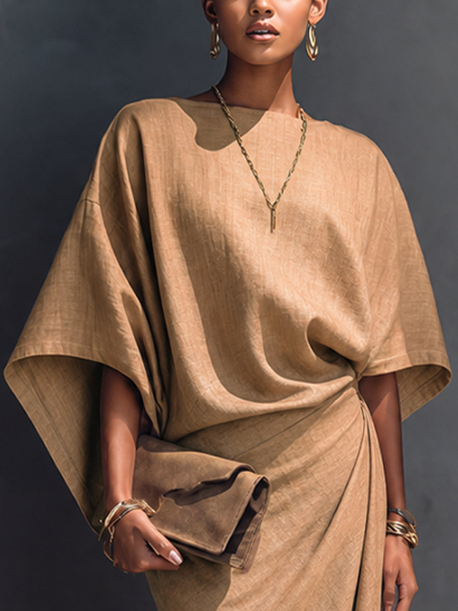 Khaki Draped Asymmetrical Short-sleeved Midi Dress