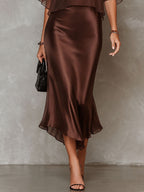 Brown Chiffon Blouse And Satin Midi Dress Two-piece Set
