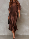 Brown Chiffon Blouse And Satin Midi Dress Two-piece Set