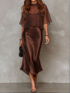 Brown Chiffon Blouse And Satin Midi Dress Two-piece Set