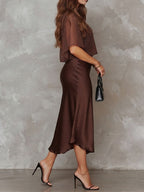 Brown Chiffon Blouse And Satin Midi Dress Two-piece Set