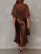 Brown Chiffon Blouse And Satin Midi Dress Two-piece Set