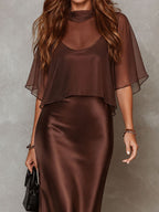 Brown Chiffon Blouse And Satin Midi Dress Two-piece Set