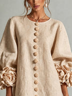 Beige Floral Button-down Mini Dress With Striking Floral Cuffs