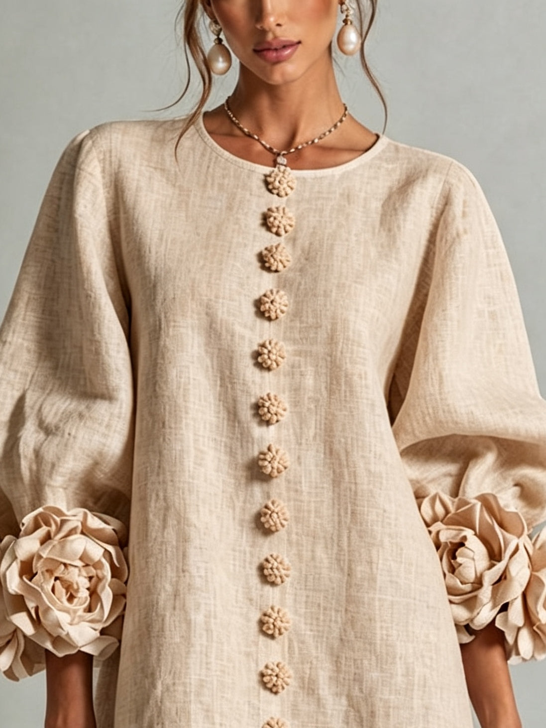 Beige Floral Button-down Mini Dress With Striking Floral Cuffs