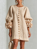 Beige Floral Button-down Mini Dress With Striking Floral Cuffs