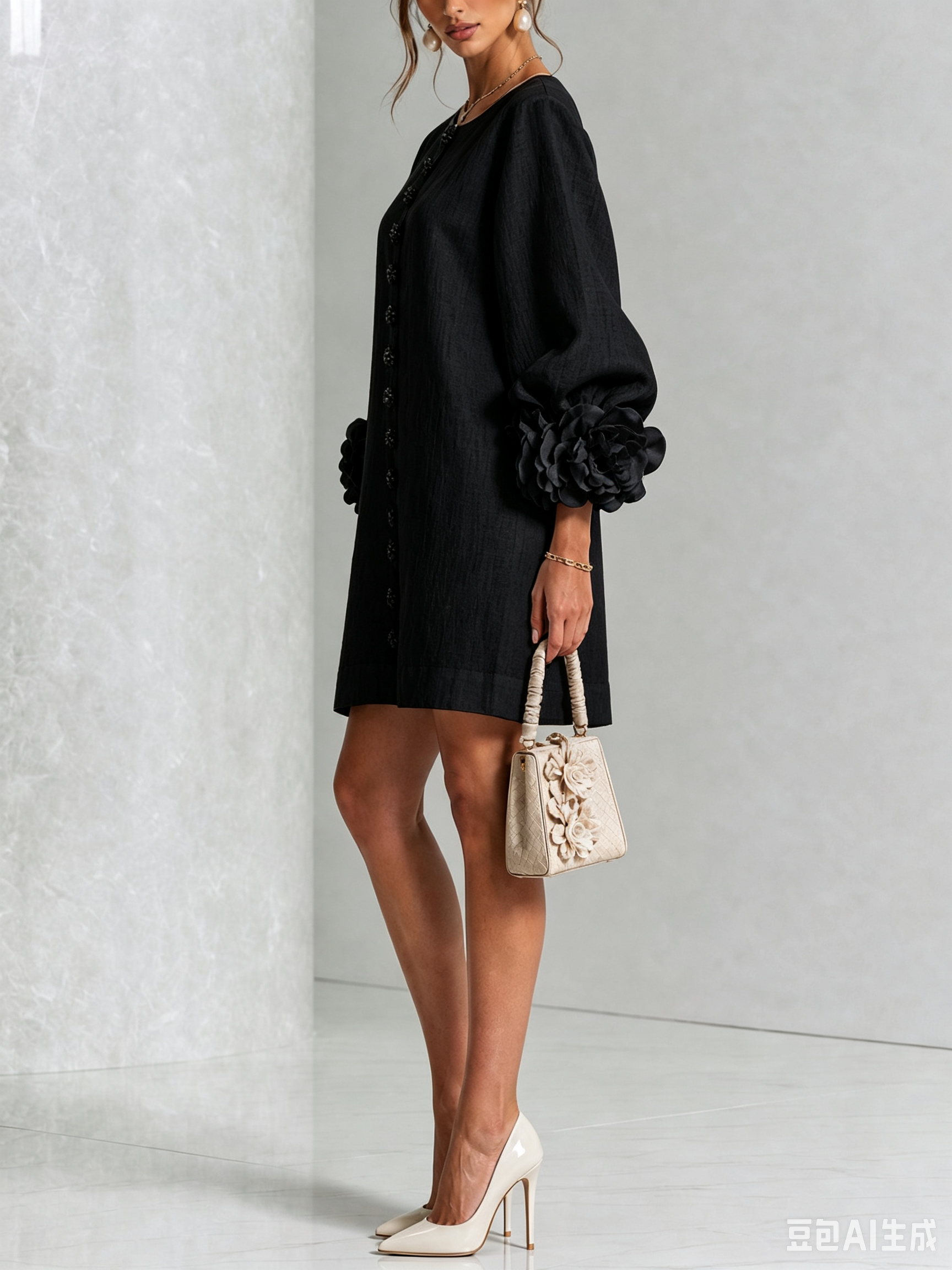 Black Floral Button-down Mini Dress With Striking Floral Cuffs