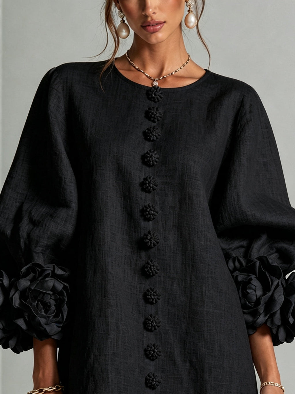 Black Floral Button-down Mini Dress With Striking Floral Cuffs