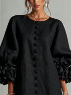 Black Floral Button-down Mini Dress With Striking Floral Cuffs