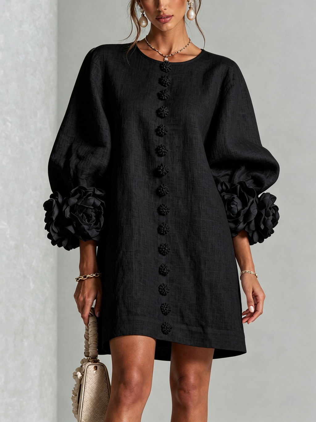 Black Floral Button-down Mini Dress With Striking Floral Cuffs